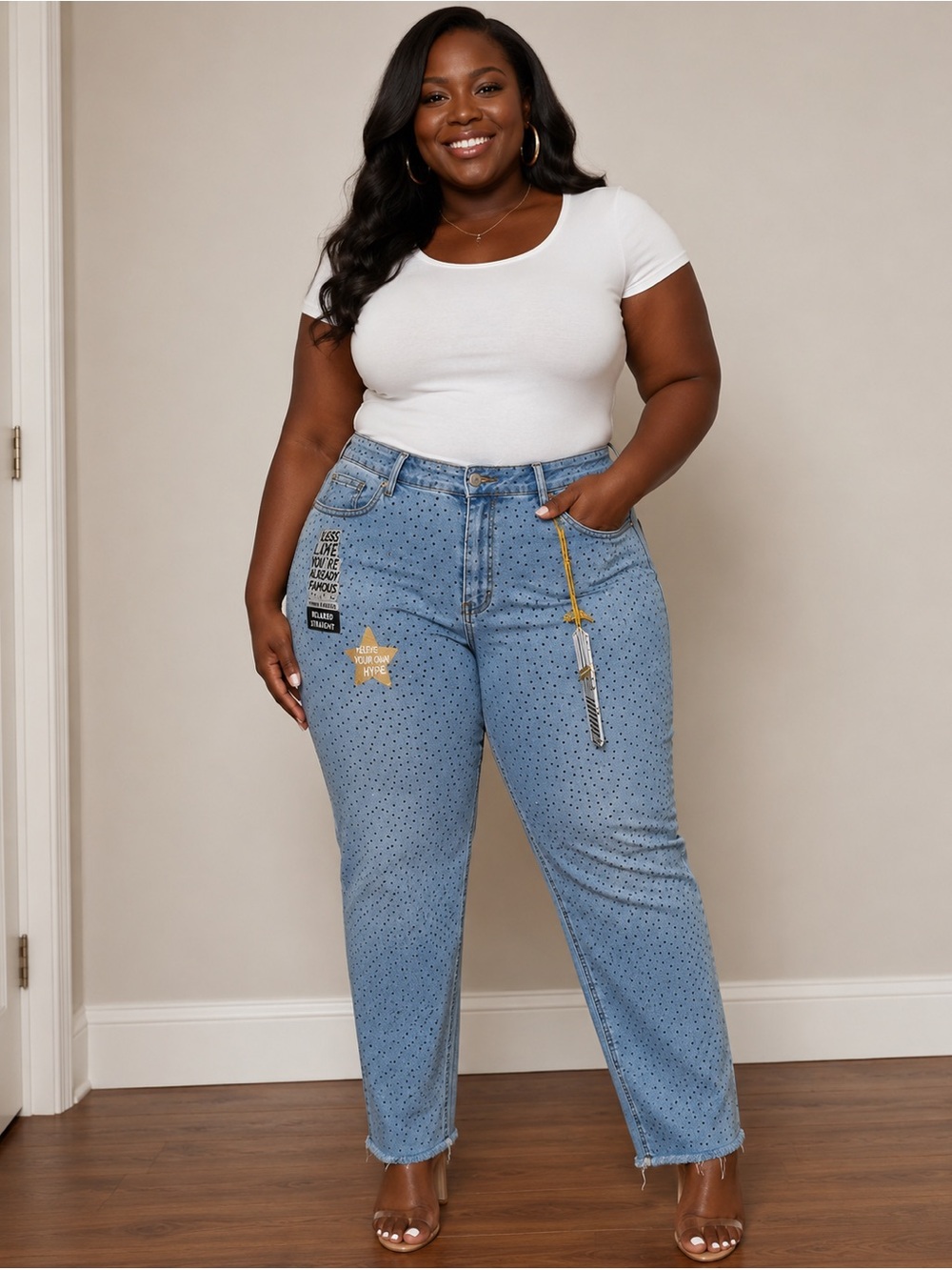 Light Blue High-Waist Studded rhinestone Jeans